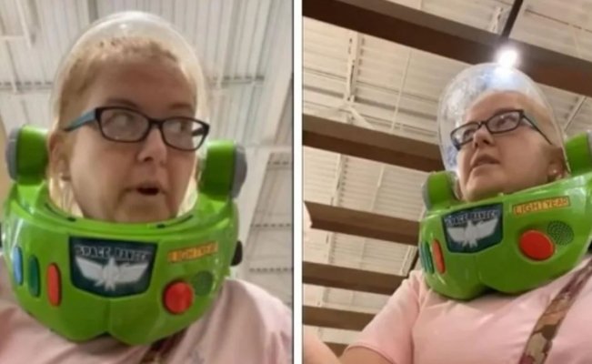 Photo of Señora con casco de Buzz Lightyear en el súper se vuelve viral