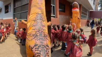 Photo of Abuelita se disfraza de dinosaurio para ir por su nieto a la escuela